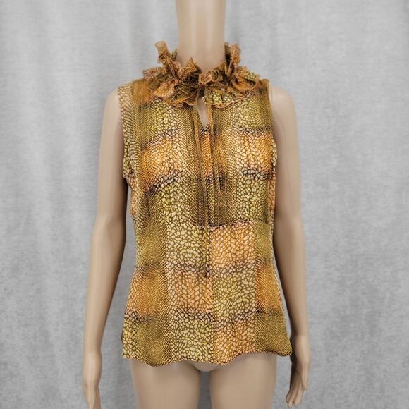 Silk Ruffled Sleeveless Top in Abstract Animal Print Pleated - Picture 6 of 13
